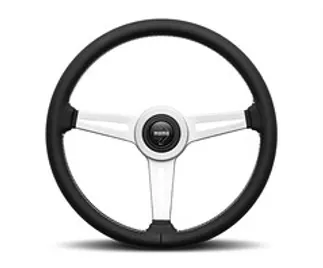 Momo Retro Steering Wheel 360 mm - 4 Black Leather/Wht Stitch/Brshd Spokes