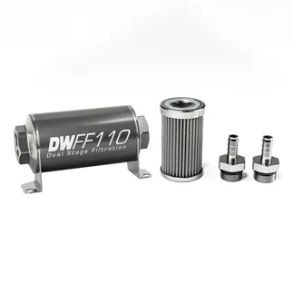 DeatschWerks SS 3/8in 100 Micron Universal Inline Fuel Filter Housing Kit (110mm)
