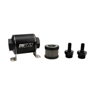 DeatschWerks SS 3/8in 100 Micron Universal Inline Fuel Filter Housing Kit (70mm)